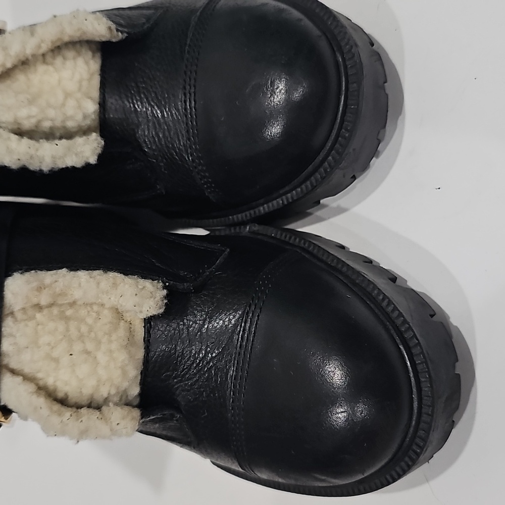 Nine West Black Leather combat Ankle  boots with Faux Shearling Size 10.5 - Picture 11 of 14